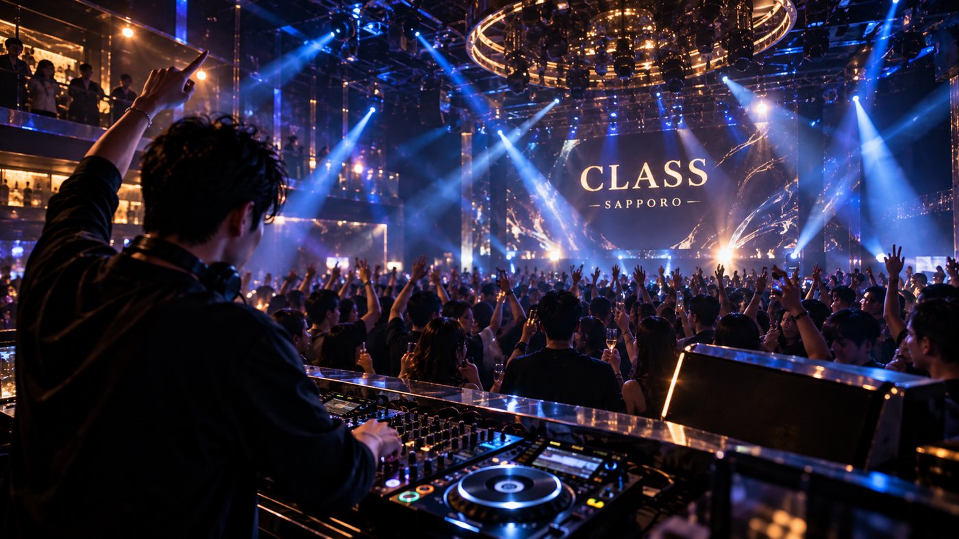 DJのプレイに沸くフロアと、CLASS SAPPORO のステージサイン